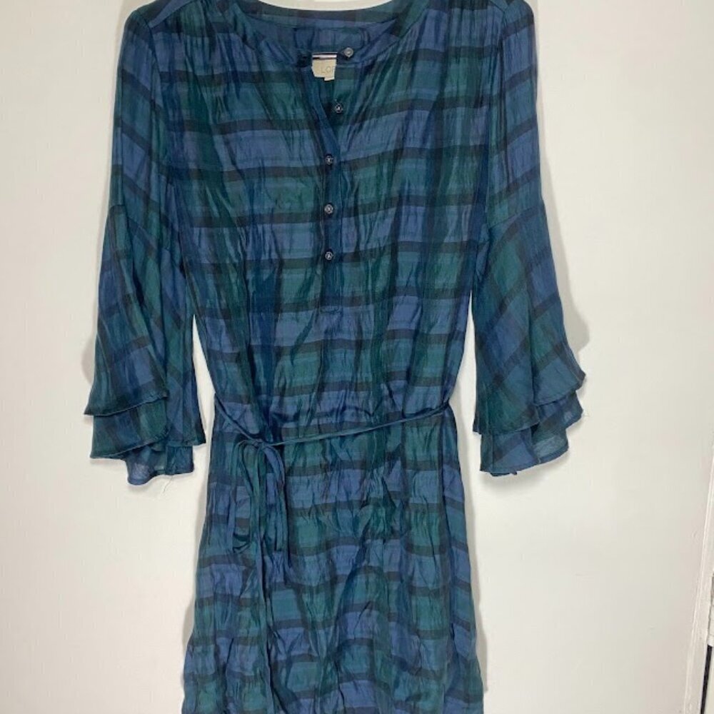 LOFT Tartan Plaid Pattern Ruffle Sleeve Dress